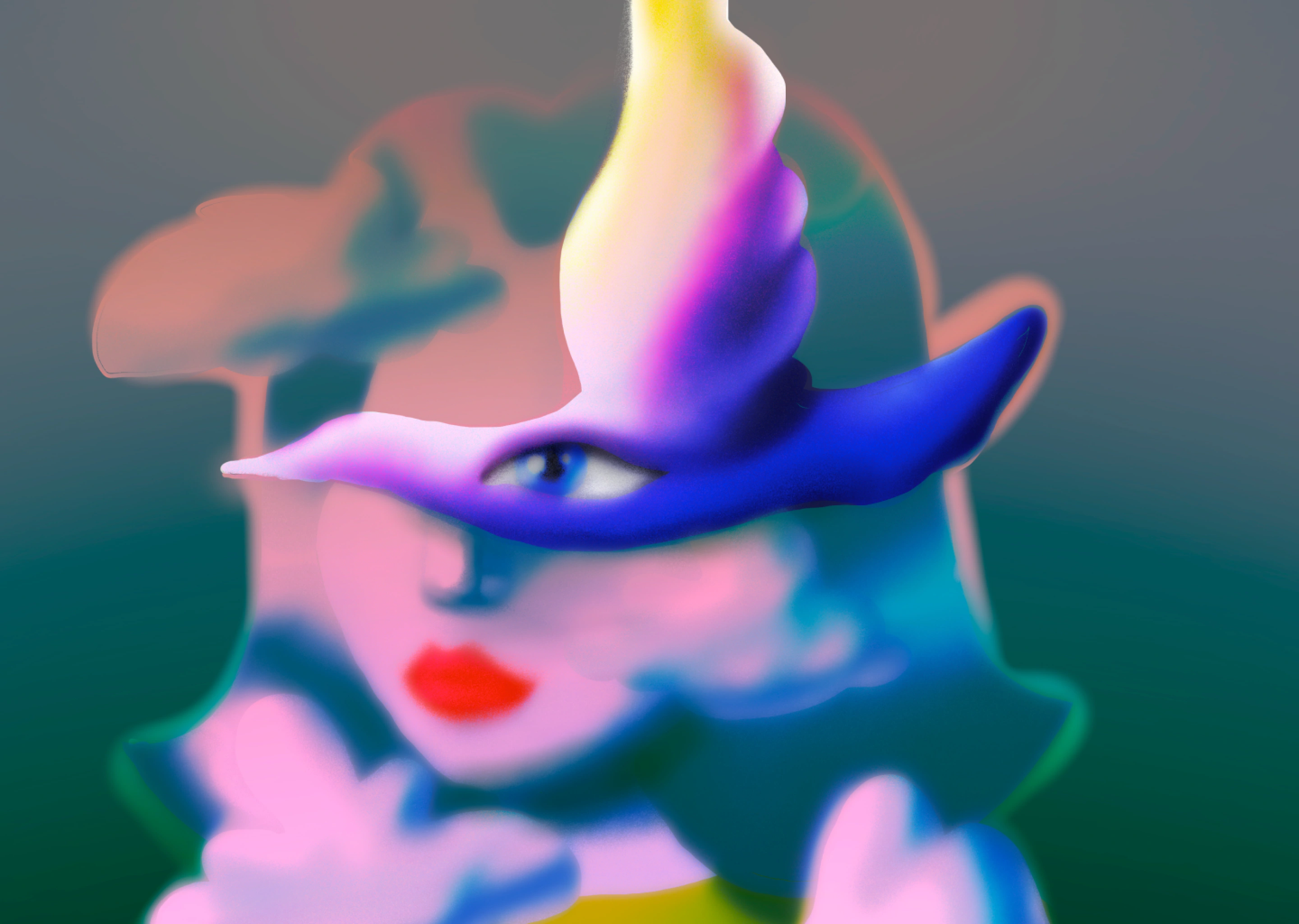 A dreamlike painted portrait of a face with a blue bird resting across the eyes