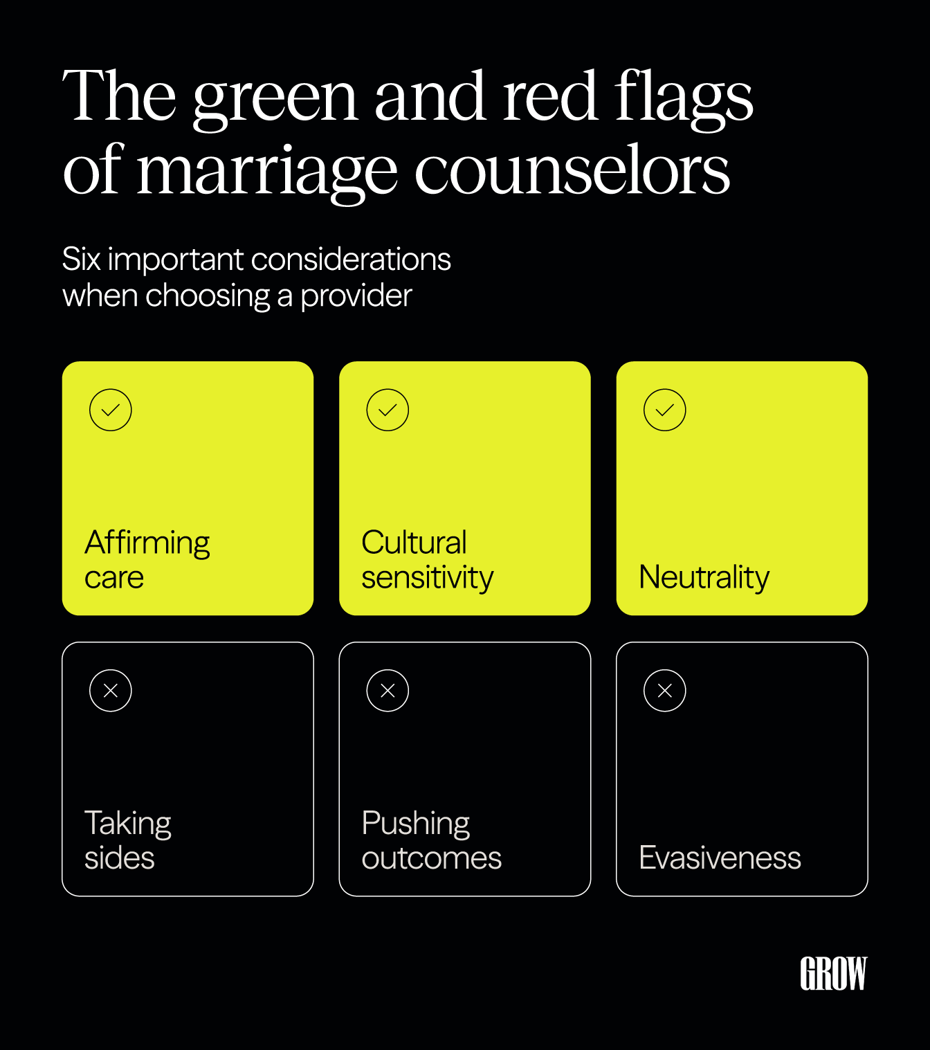 The green and red flags of a marriage counselor, including affirming care and taking sides.