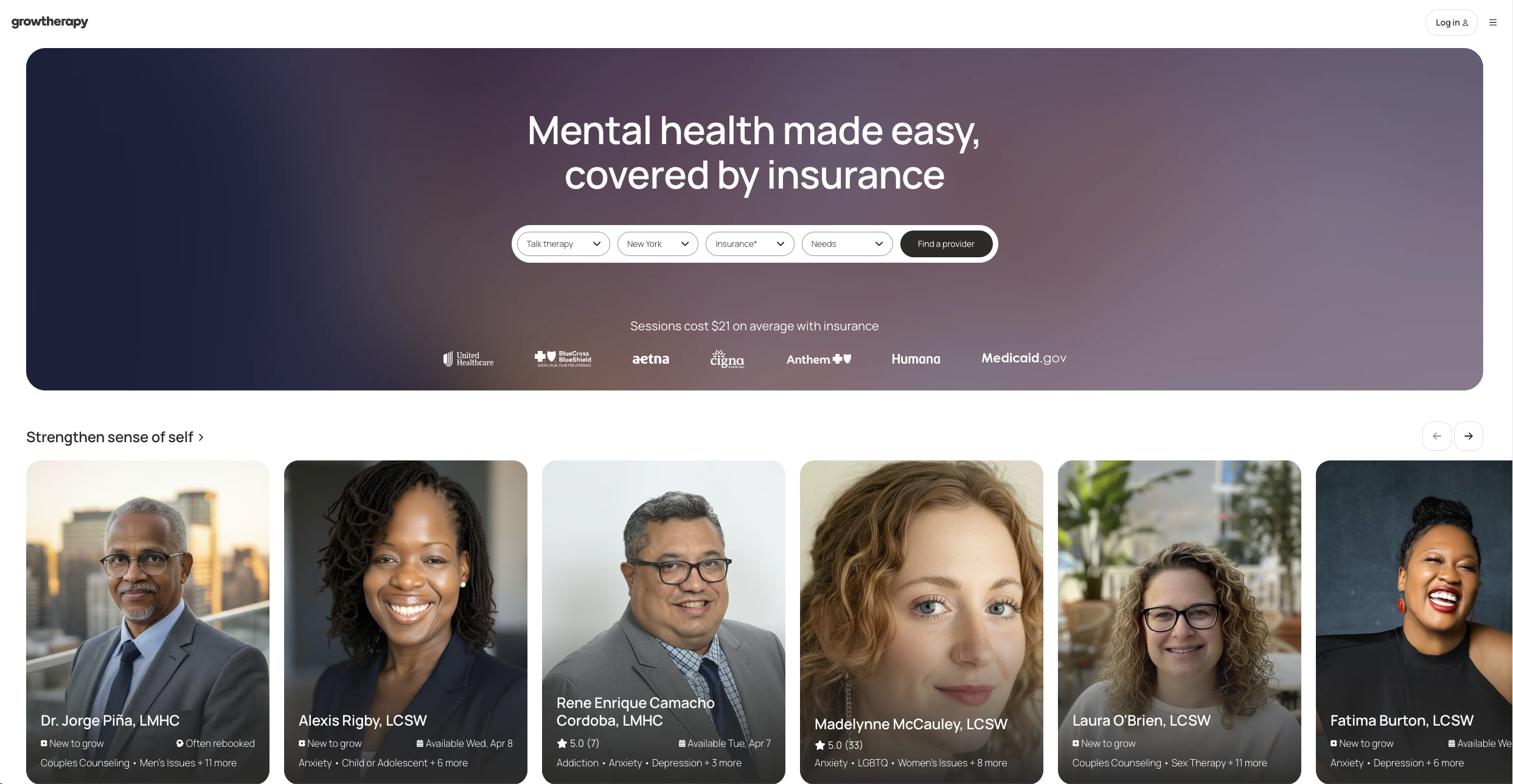 A screenshot of the Grow Therapy homepage