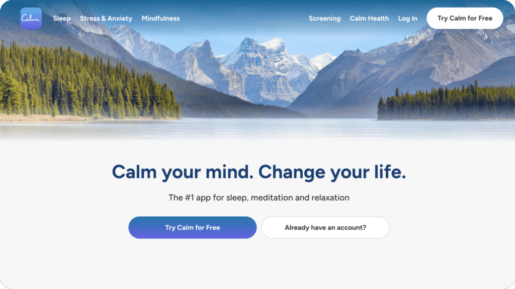 A screenshot of the Calm app homepage