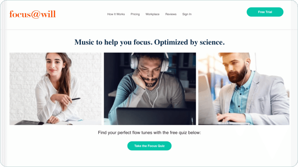 A screenshot of the Focus@Will homepage