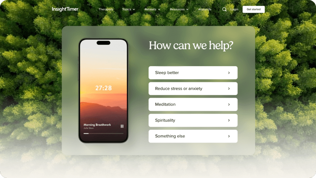 A screenshot of the Insight Timer homepage