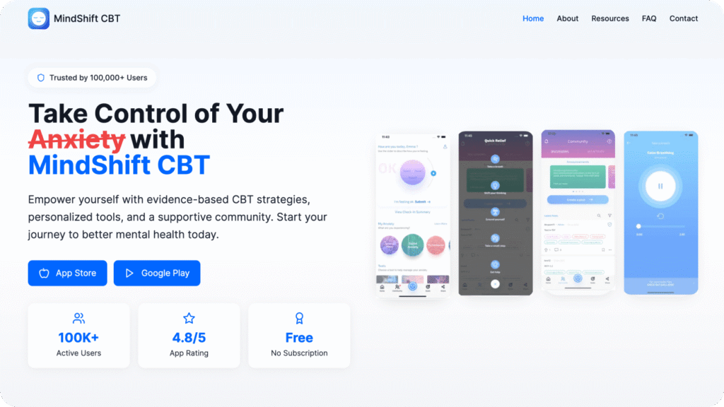 A screenshot of the MindShift CBT homepage