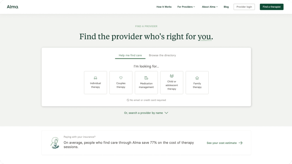 A screenshot of Alma’s website.