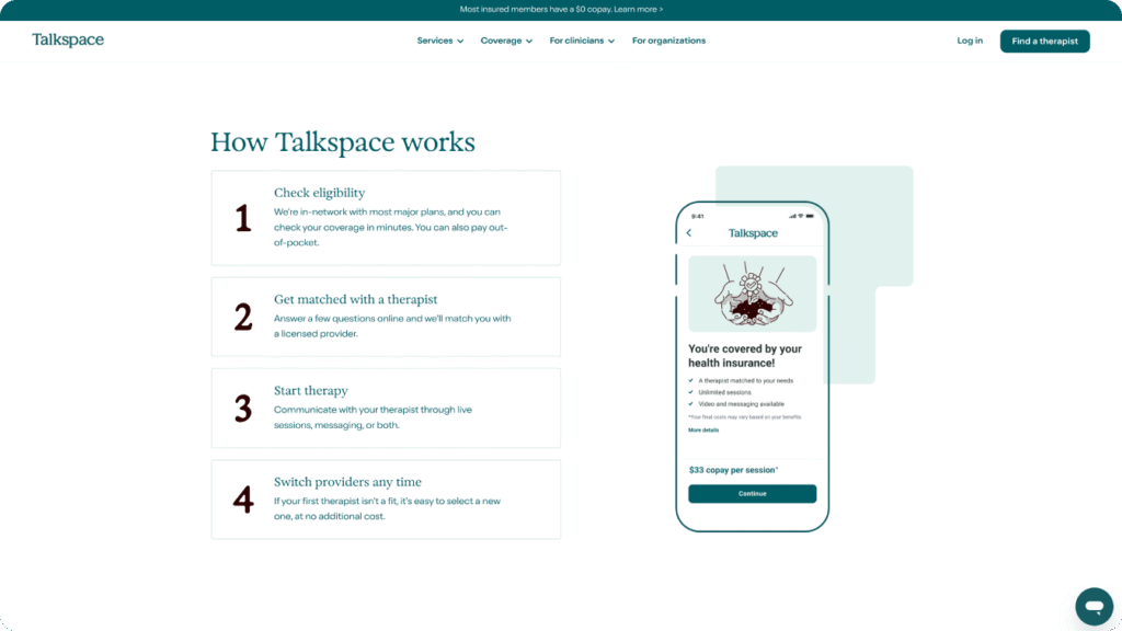 A screenshot of Talkspace’s website.
