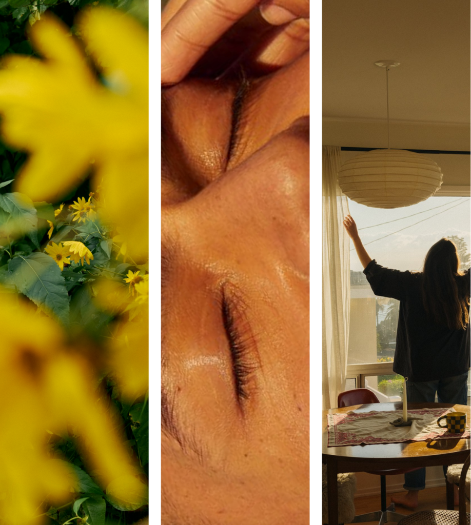 Collage of three vertical images: yellow flowers, a close-up of a closed eye, and a person standing by a window with arms raised, conveying tranquility.