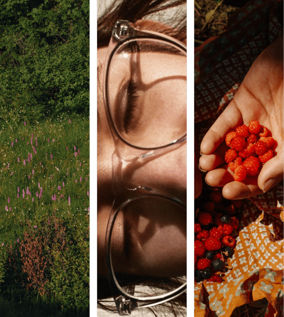 A triptych image: left shows a lush green meadow with purple flowers; center features a person with closed eyes and glasses; right displays a hand holding red berries against a patterned fabric.