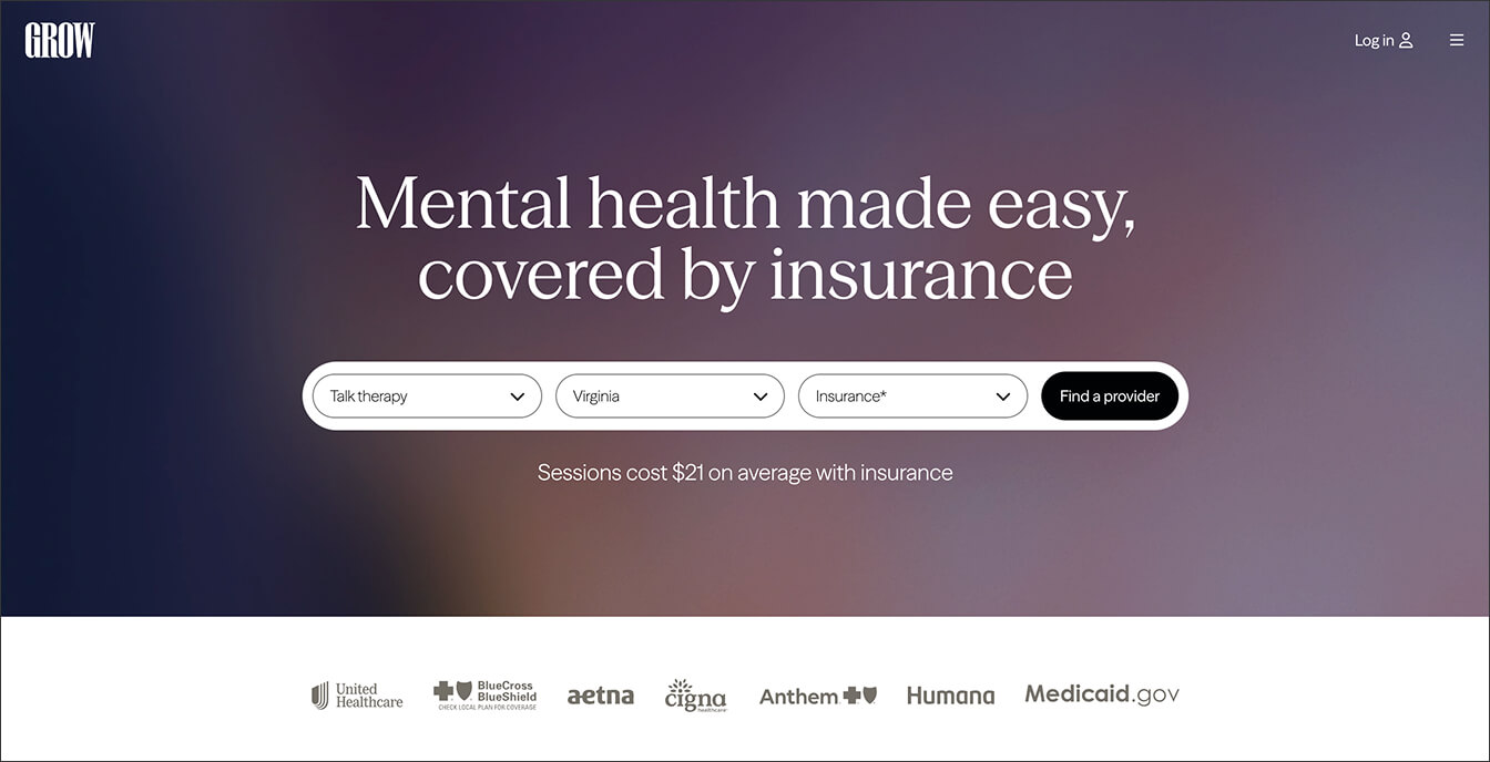 A view of Grow Therapy's website, an online therapy and ADHD treatment platform.