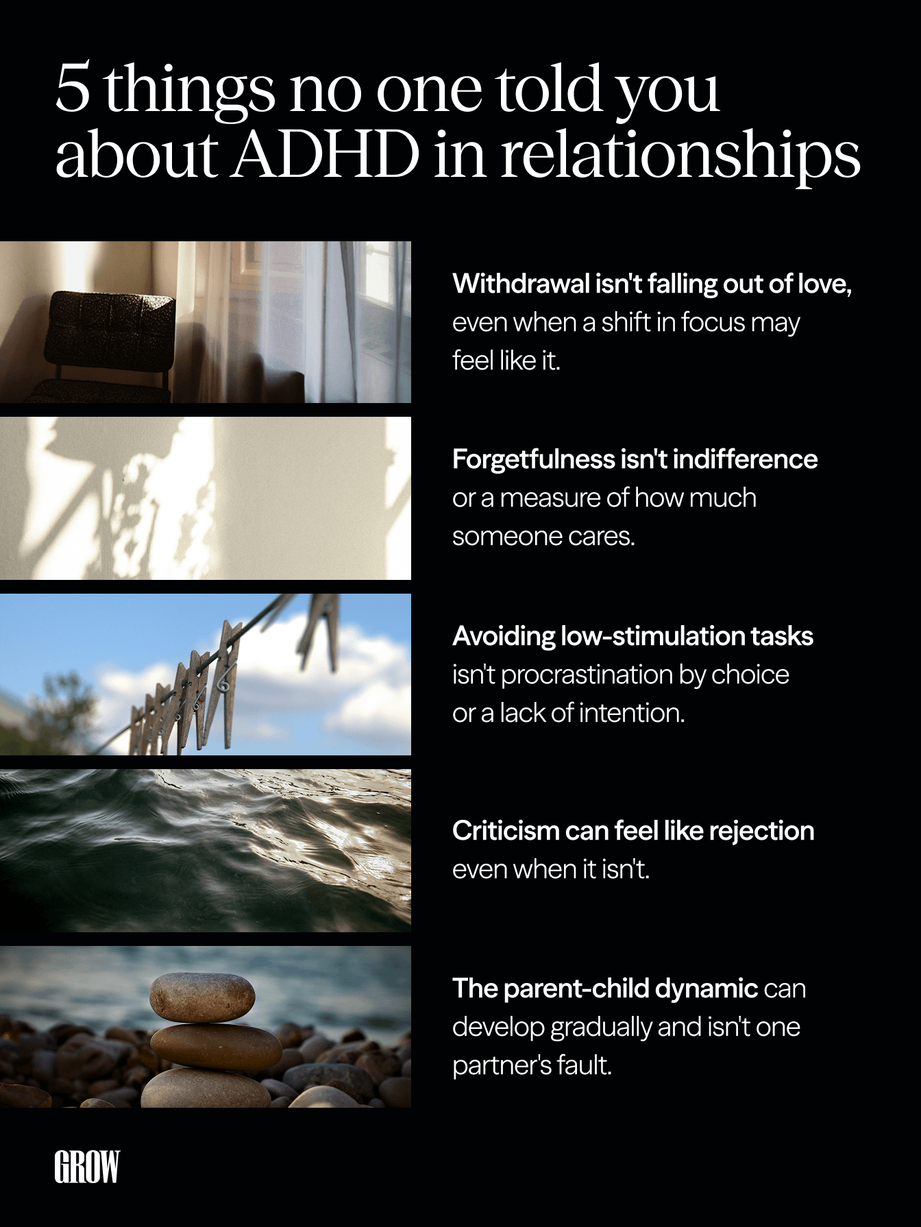 A list of five things no one talks about when discussing ADHD in relationships.