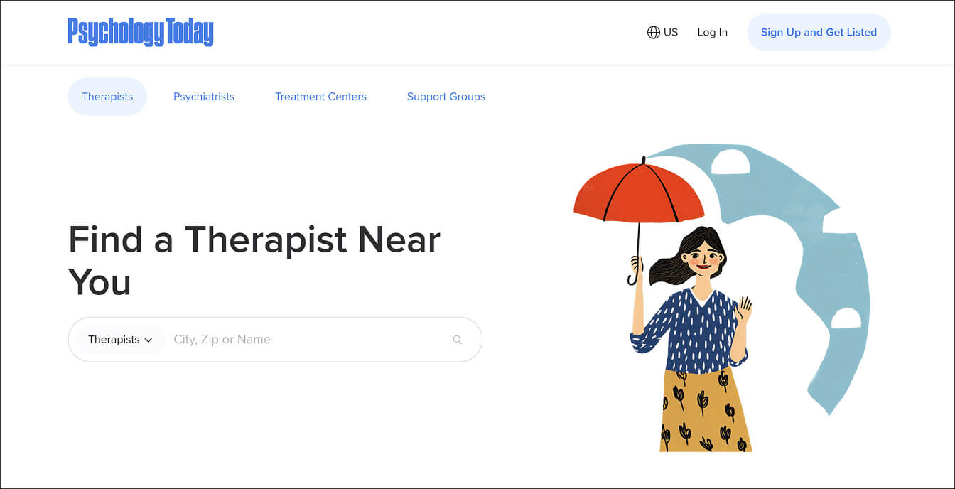 A screenshot of Psychology Today's platform.