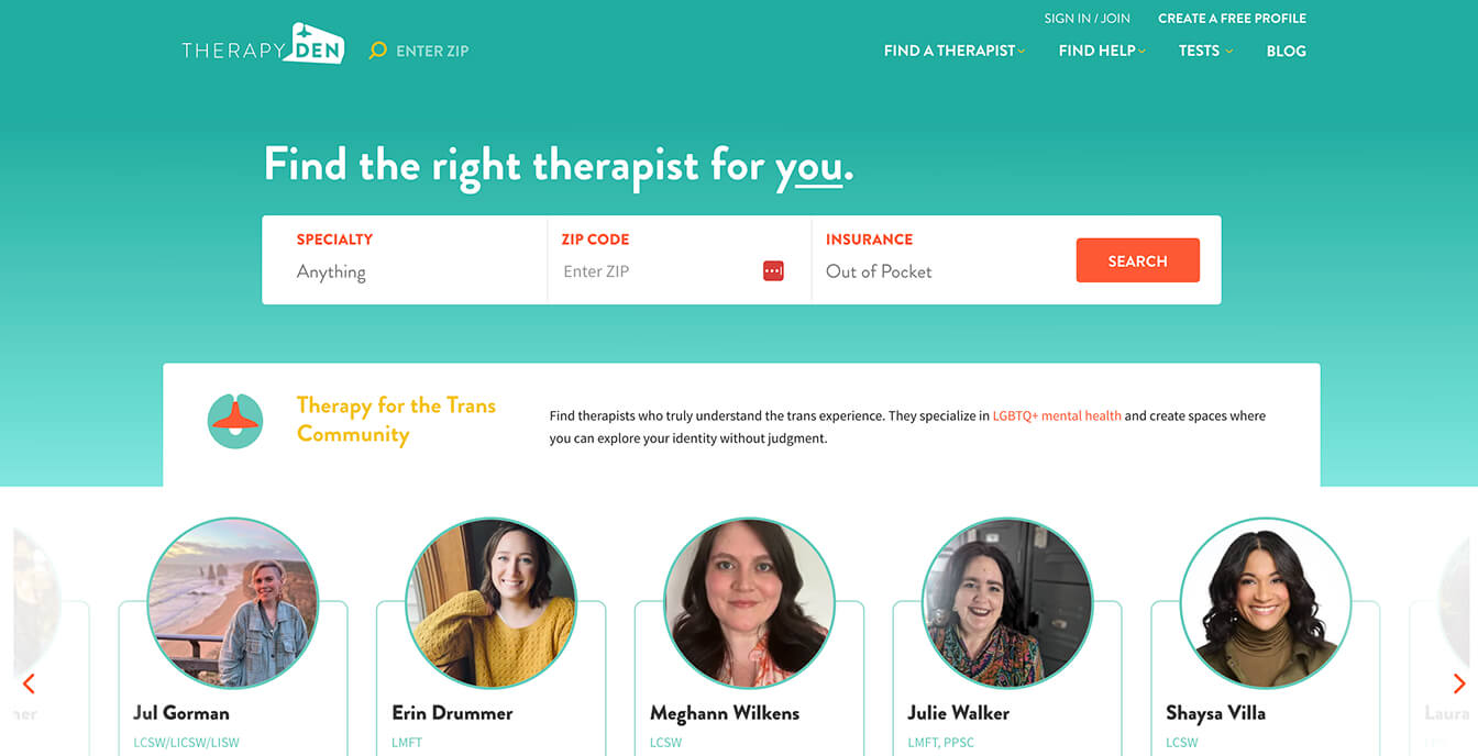 A screenshot of TherapyDen's platform.
