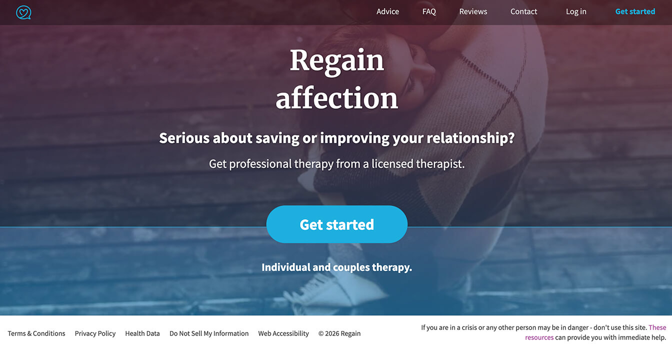 Regain by BetterHelp, an online couples counseling platform.